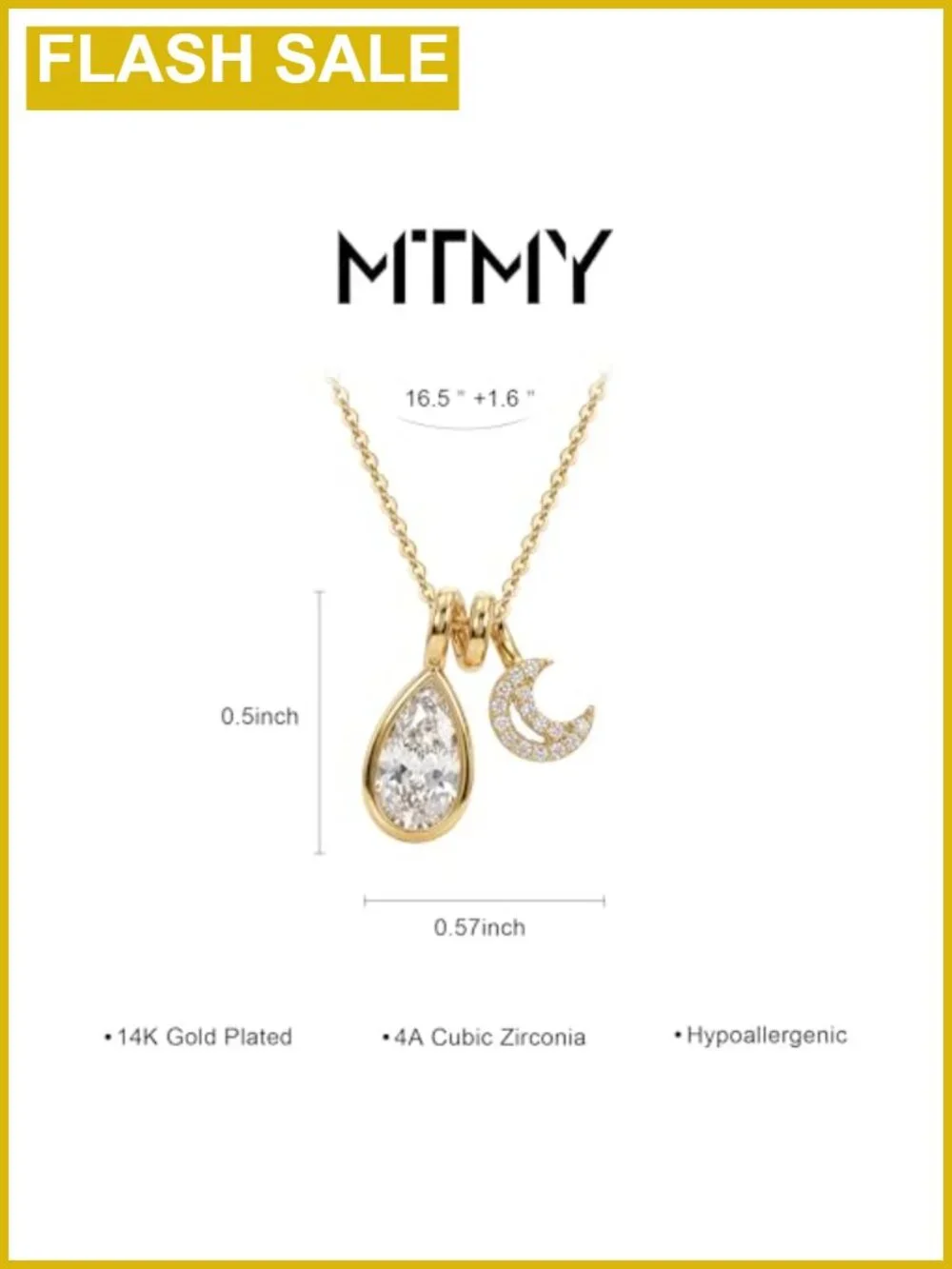 14K Gold Plated Moon Pendant Necklace with Cubic Zirconia Teardrop